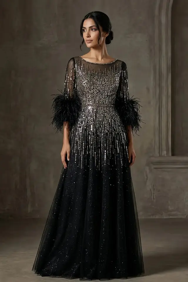 Women's Tulle Evening Gown with Beaded Embellishment and Feather Trim for Formal Evening Events