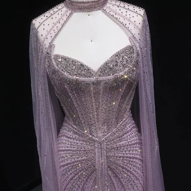 Women's Tulle Evening Gown with Beaded Embellishment and Cape Sleeves for Formal Evening Events
