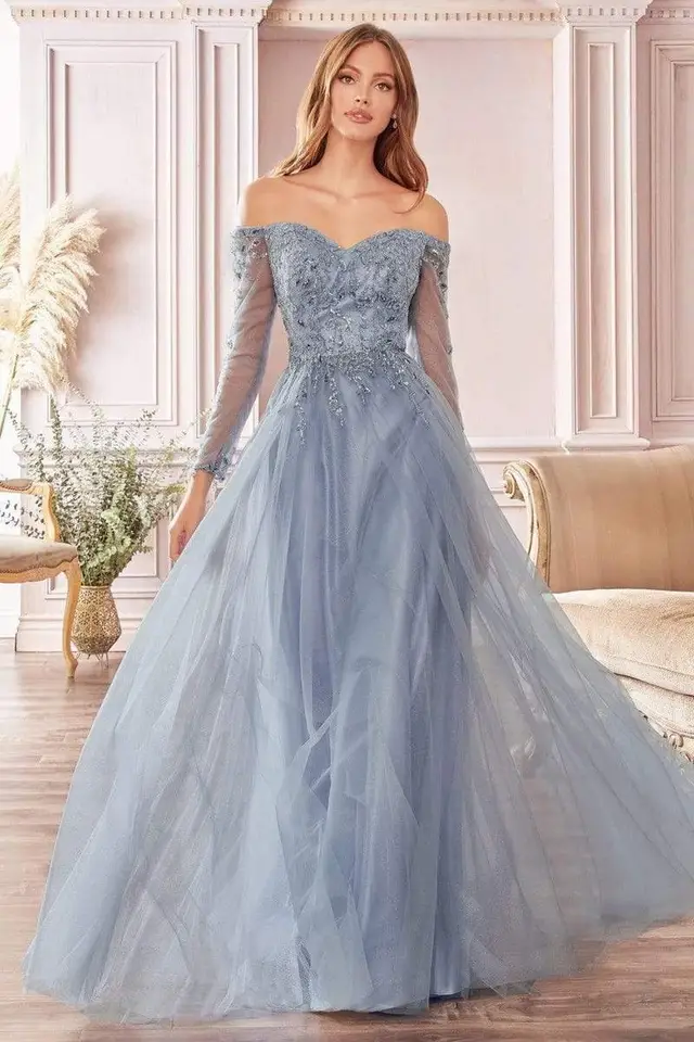 Women's Off-Shoulder Long Sleeve Tulle Mother of Bride Gown Floor-Length for Formal Wedding — LV41954931