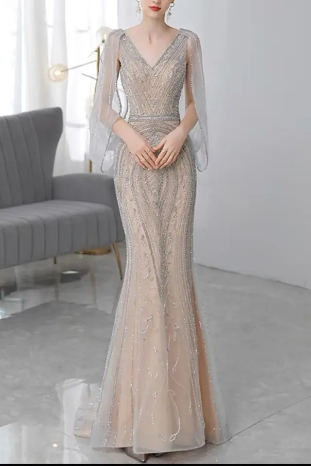 Women's Christal Long Sleeve Silver Mother of Bride Gown for Formal Wedding