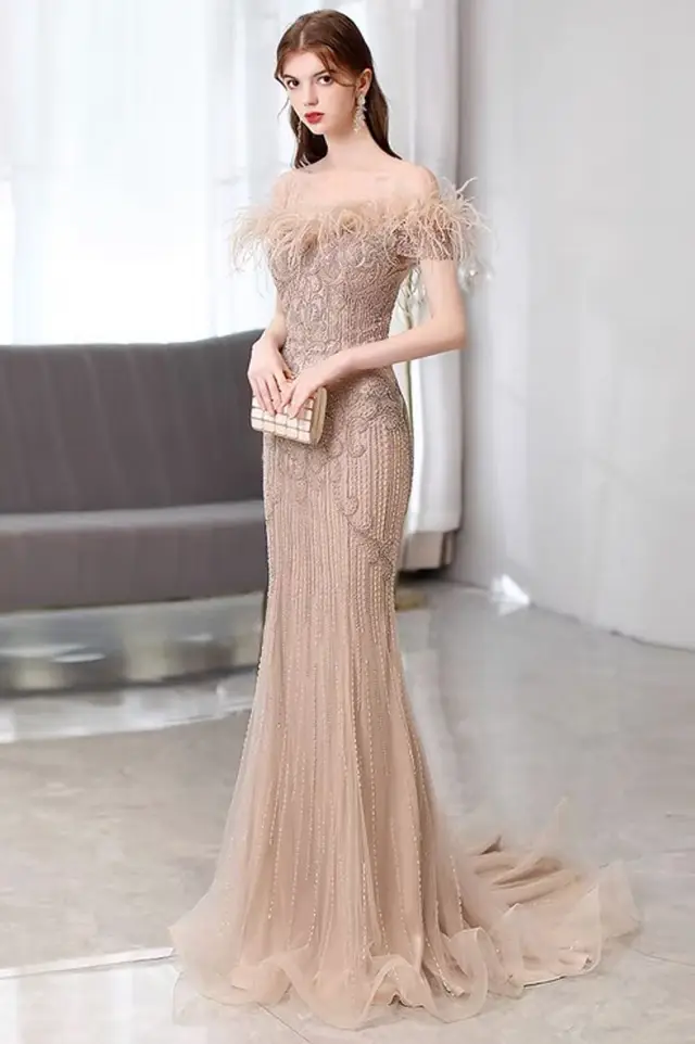 Women's Off Shoulder Feather Champagne Mother of Bride Gown for Formal Wedding