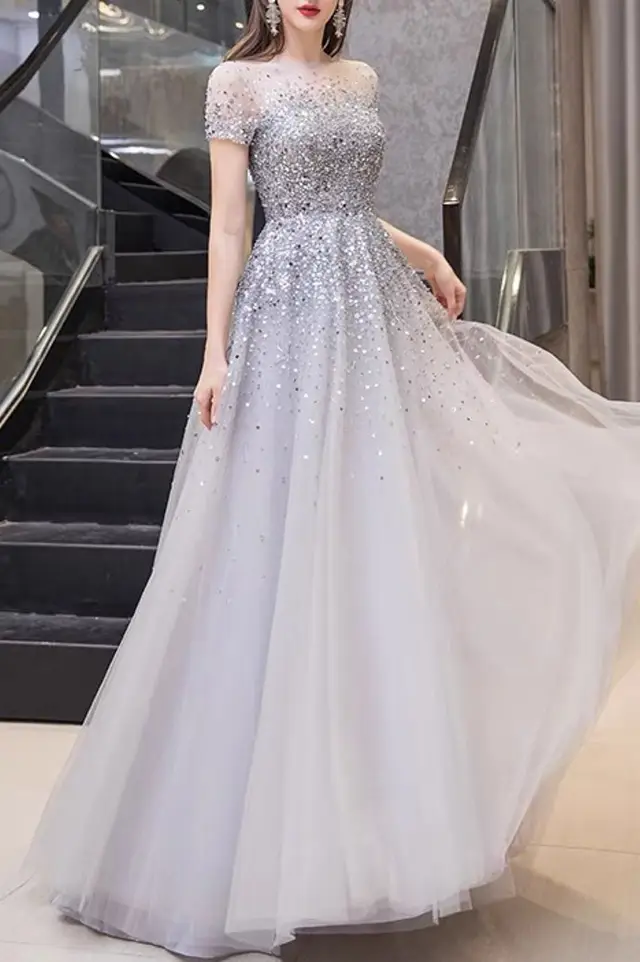 Women's Crystal Silver Mother of Bride Gown for Formal Wedding