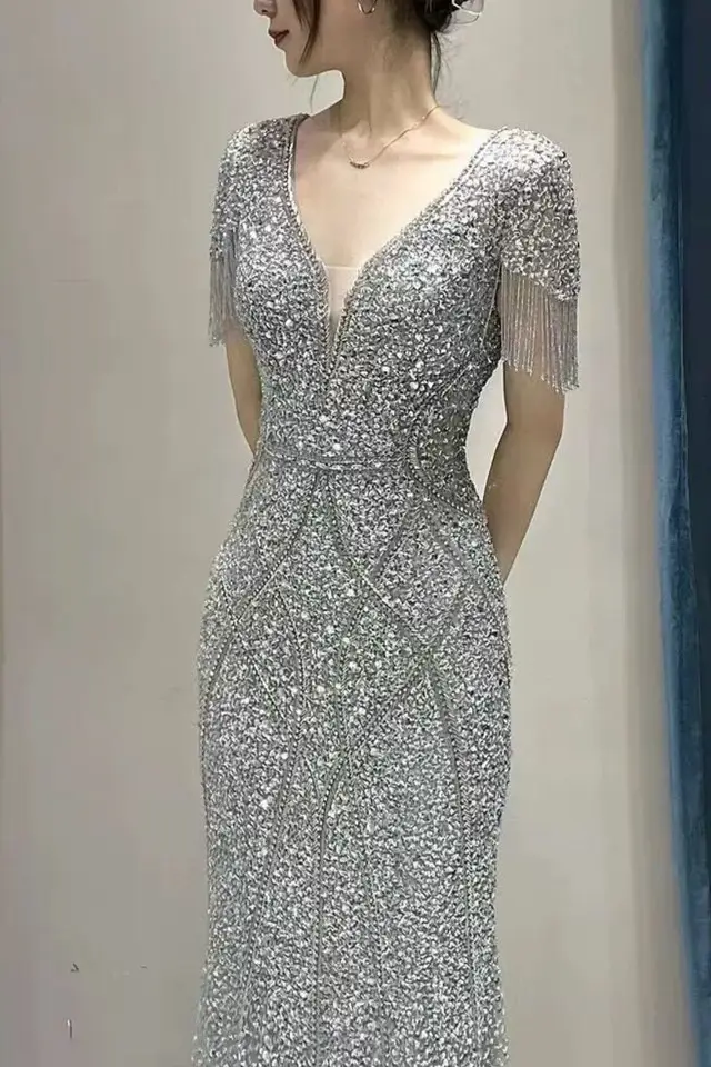 Women's Cleona Silver Mother of Bride Gown for Formal Wedding
