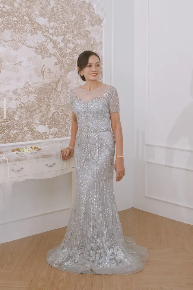 Women's Elysian Beaded Silver Mother of Bride Gown for Formal Wedding