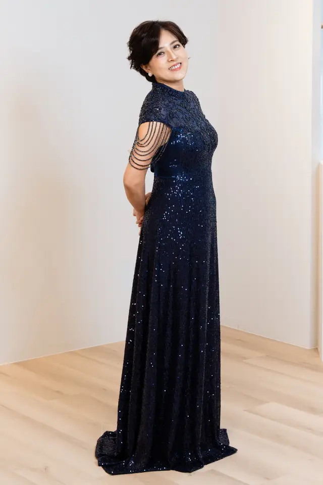 Women's Sequin Navy Blue Mother of Bride Gown for Formal Wedding