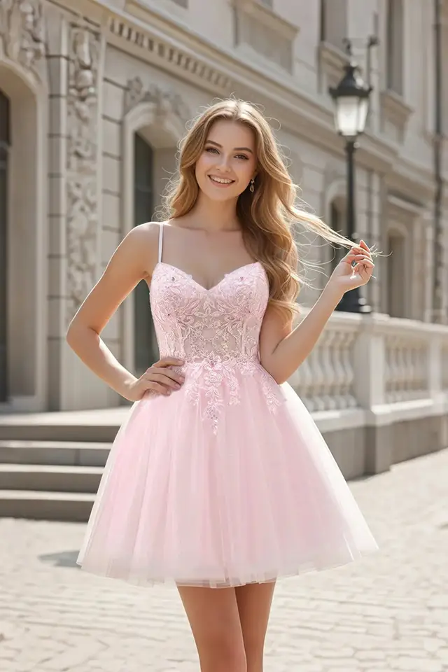Women's Spaghetti Strap Lace Prom Dress with Beaded Embellishment and Lace-Up Back Short Length for Prom
