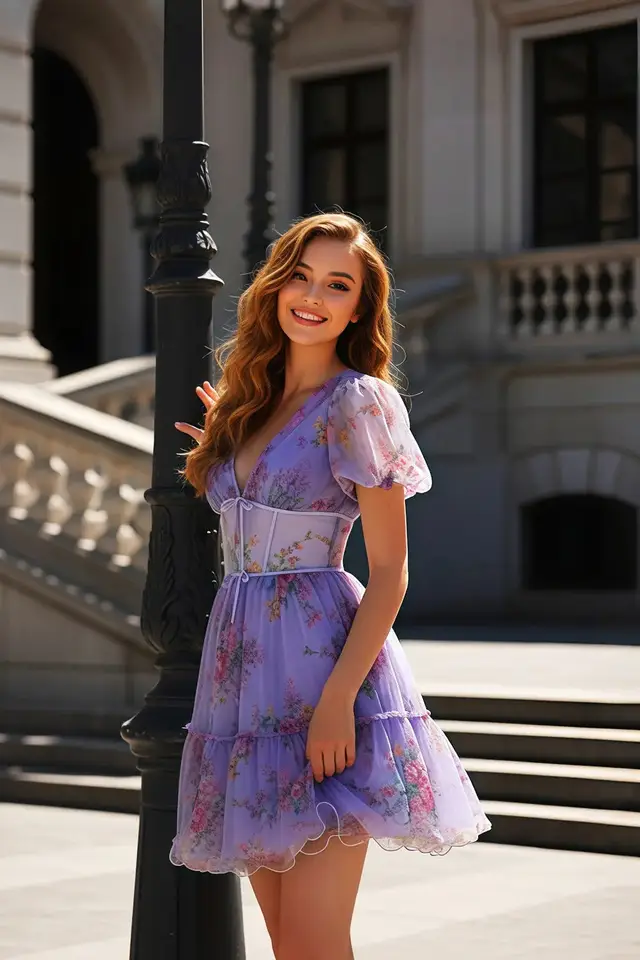 Women's V-Neck Short Sleeve Lace Prom Dress with Floral Details and Lace-Up Back Short Length for Prom & Homecoming