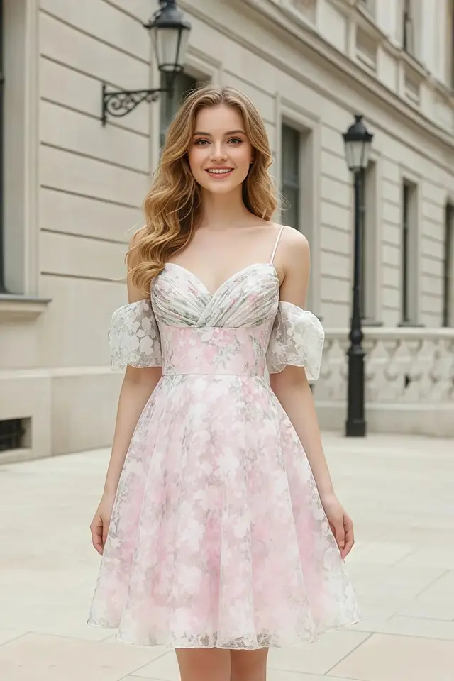 Women's Sweetheart Short Sleeve Lace Prom Dress with Floral Details and Lace-Up Back Short Length for Prom & Homecoming