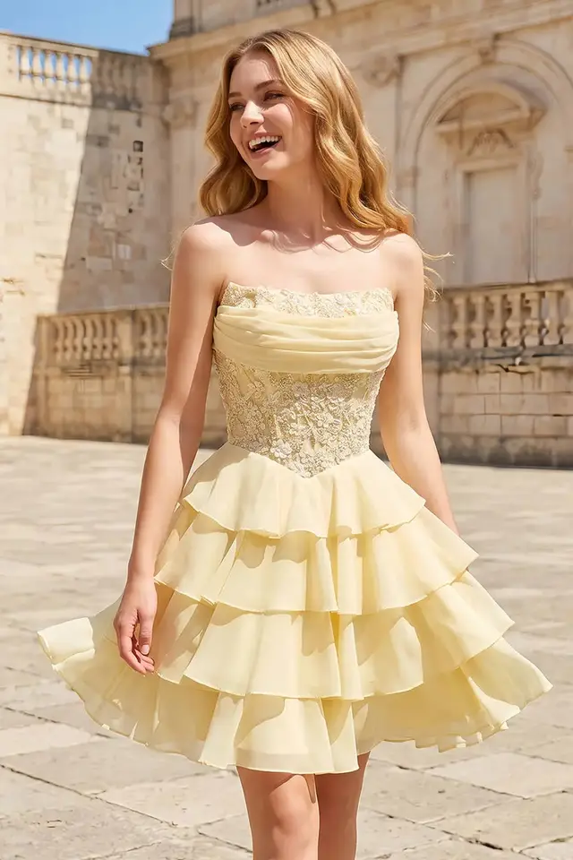 Women's Strapless Sleeveless Chiffon Prom Dress with Open Back Short Length for Prom & Homecoming