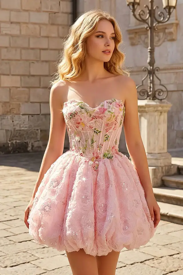 Women's Sweetheart Sleeveless Tulle Prom Dress with Floral Details and Corset Bodice Short Length for Prom & Homecoming