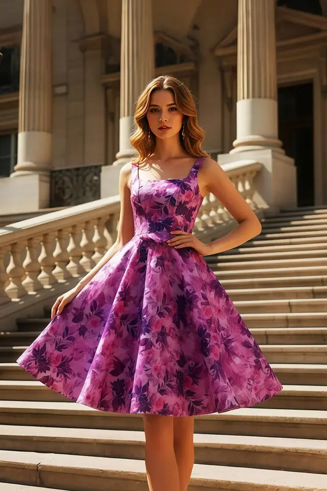 Women's Square Neck Sleeveless Satin Prom Dress with Floral Details and Open Back Short Length for Prom & Homecoming