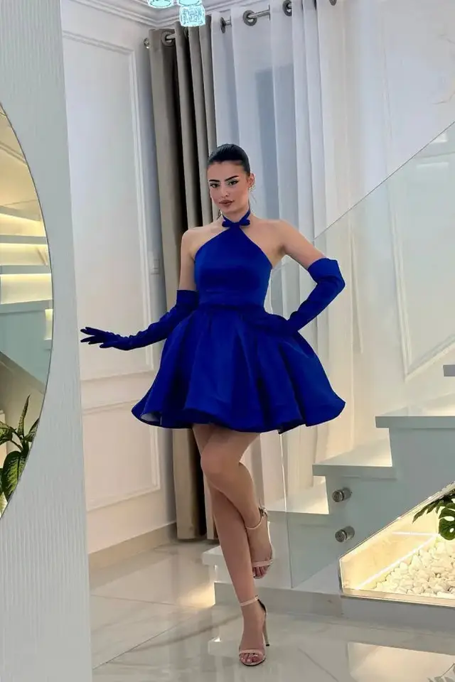 Women's Halter Sleeveless Satin Prom Dress with Open Back Short Length for Prom & Homecoming — LV36274218