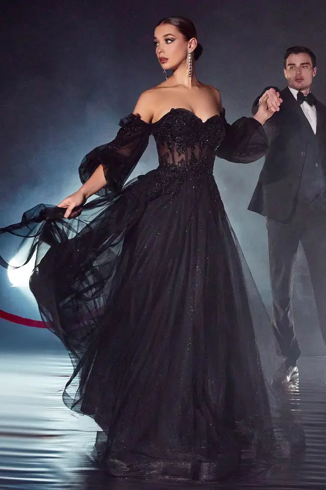 Women's Elia Off Shoulder Black Wedding Guest Dress for Formal Events