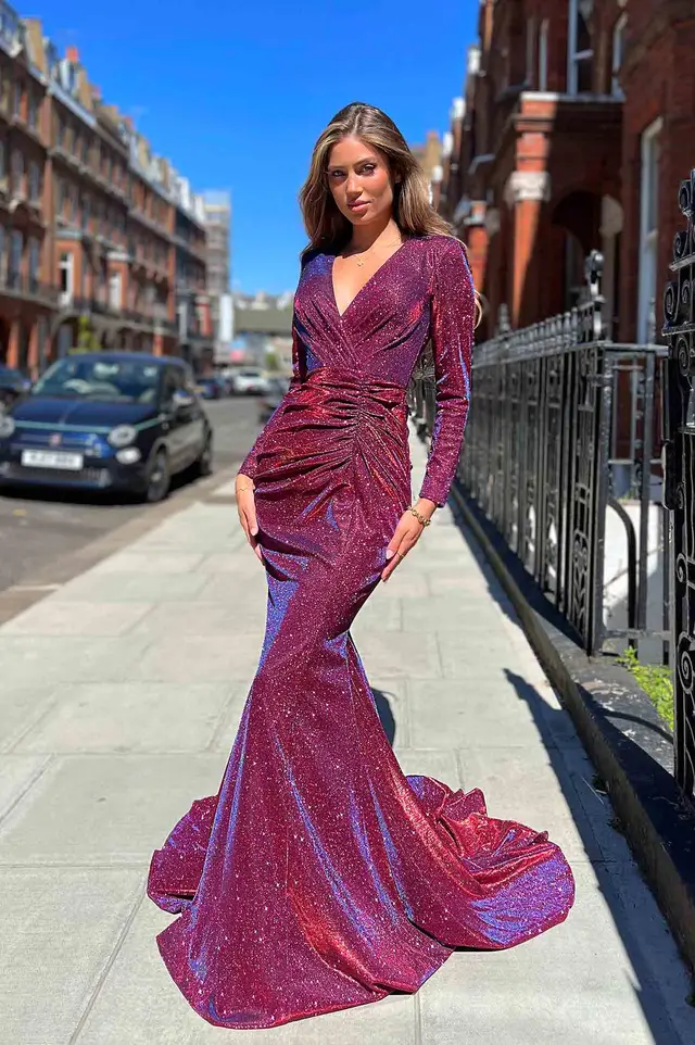 Women's Amari Long Sleeve Stardust Wine Wedding Guest Dress for Formal Events