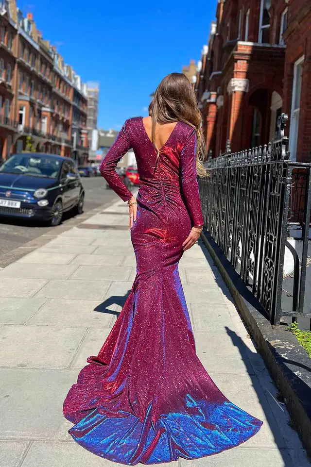 Women's Amari Long Sleeve Stardust Wine Wedding Guest Dress for Formal Events