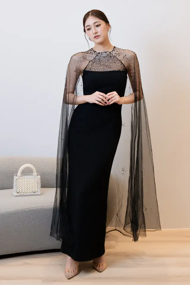 Women's Georgia Black Cape Wedding Guest Dress for Formal Events — LV47258739