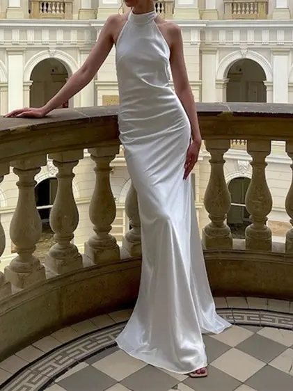 Halter Satin Mermaid Floor-Length Wedding Dress — LV03441461