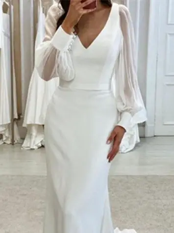 V-Neck Long Sleeve Satin Mermaid Wedding Dress — LV24634933