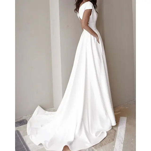 V-Neck Cap Sleeve A-Line Wedding Dress — LV52241205