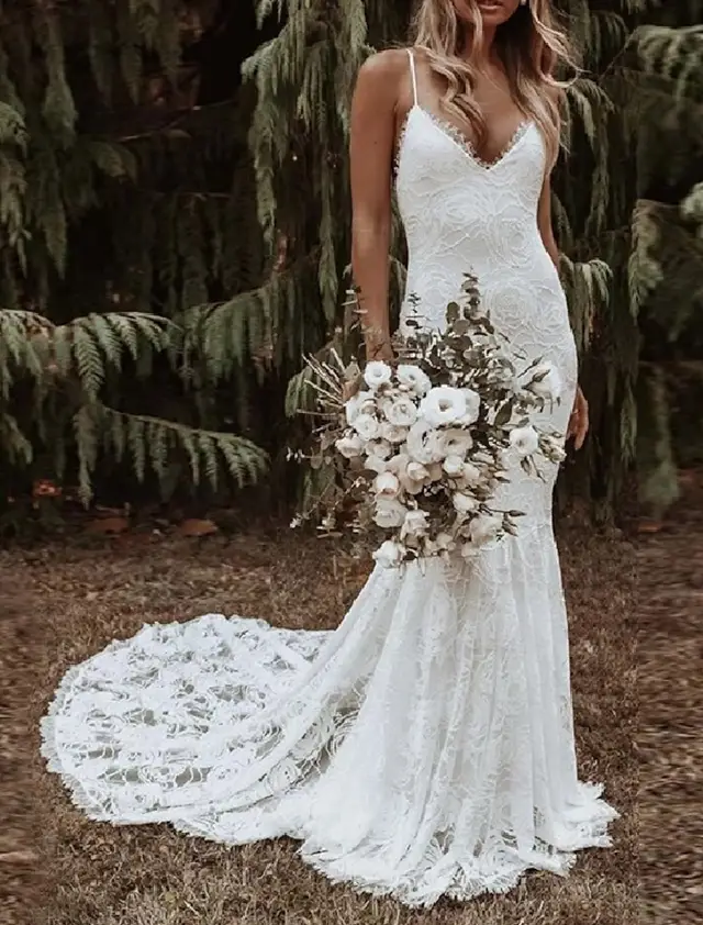 Spaghetti Strap Lace Mermaid Floor-Length Wedding Dress — LV14755637