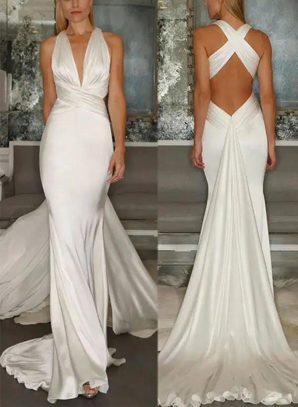V-Neck Silk Satin Mermaid Floor-Length Wedding Dress — LV64147765