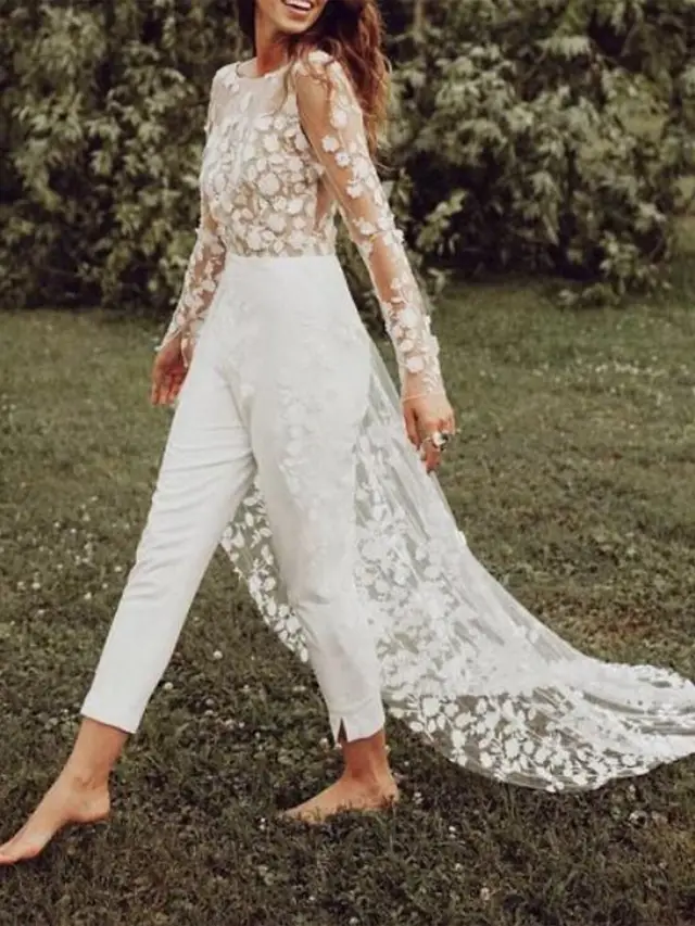Scoop Long Sleeve Floor-Length Wedding Dress — LV83183157