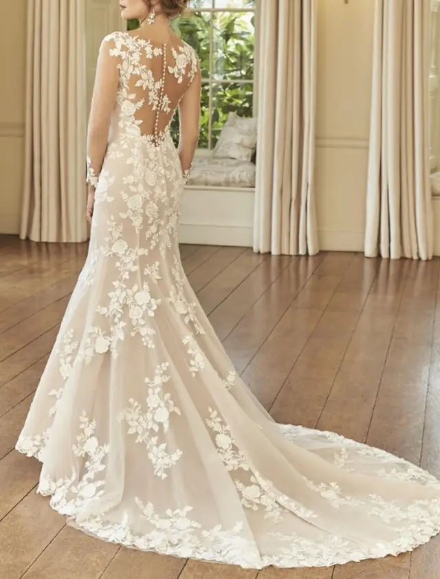 V-Neck Tulle Mermaid Floor-Length Wedding Dress — LV17377077