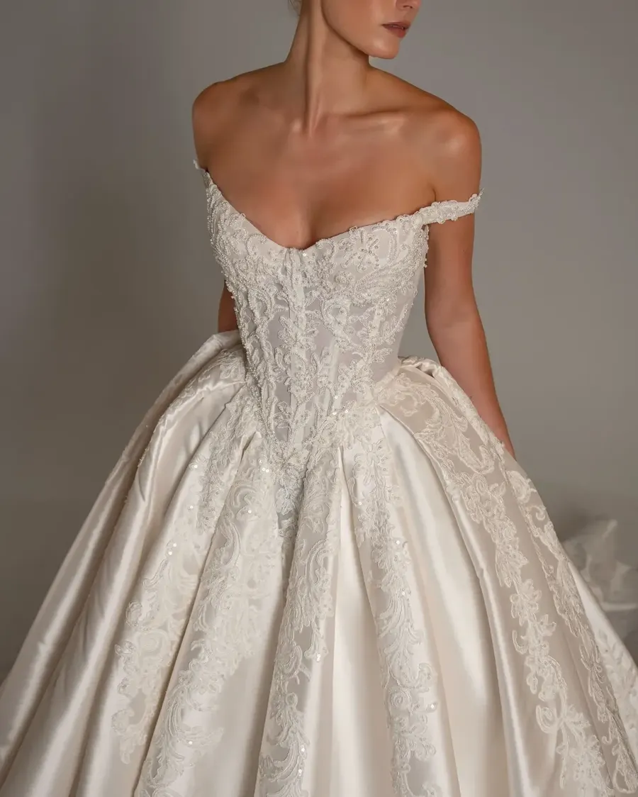 Close view of lace bridal gown detailing
